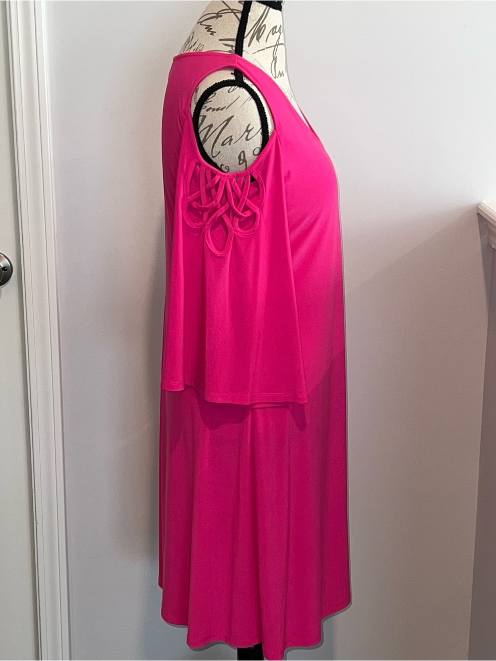 Bright Pink Cold-Shoulder V-Neck Midi Dress - Picture 7 of 9